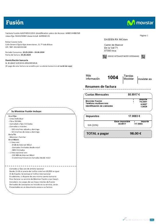 Spain Movistar Fusion telecom operator business utility bill document in Word and PDF formats